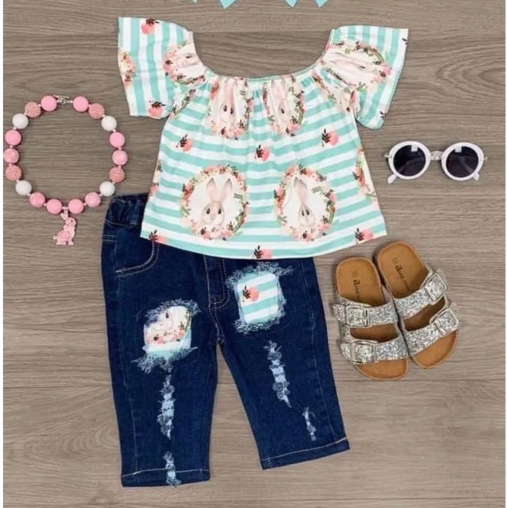 Stripe Bunny Denim Capri Set